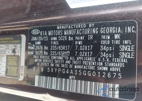 2016 Kia Sorento 2.4L Lx z USA, uszkodzony, nr VIN 5XYPG4A35GG012675